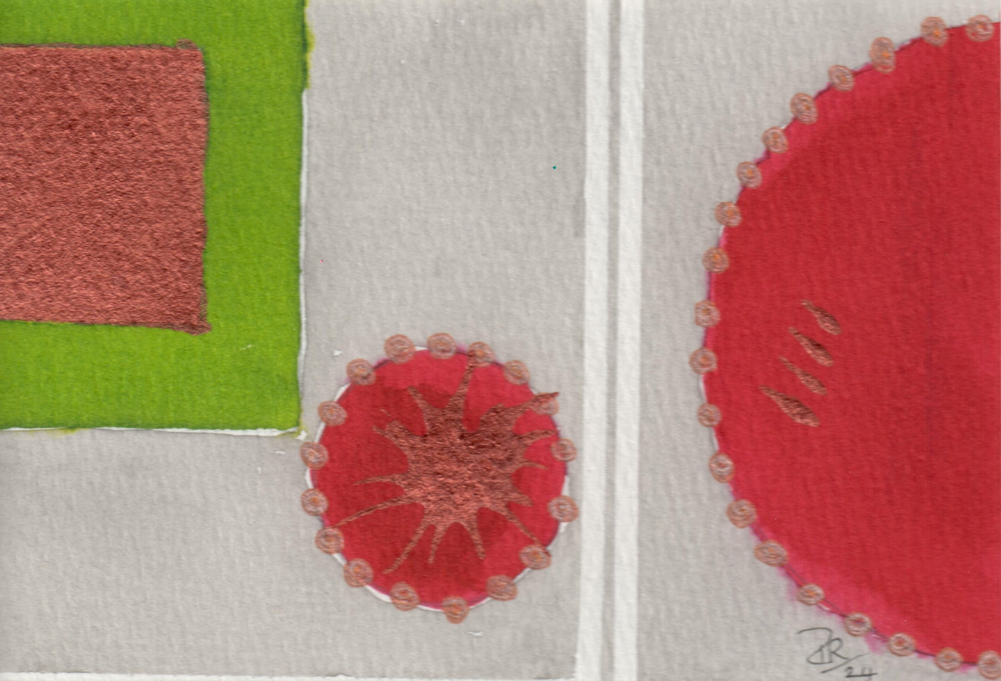 Abstract art piece with different patterns and colors on a white backround.