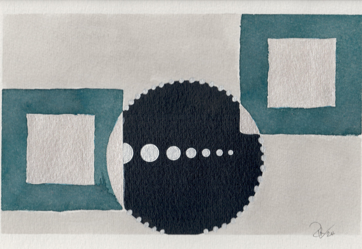 Abstract art piece with geometric shapes and a central black circle on a light gray background.