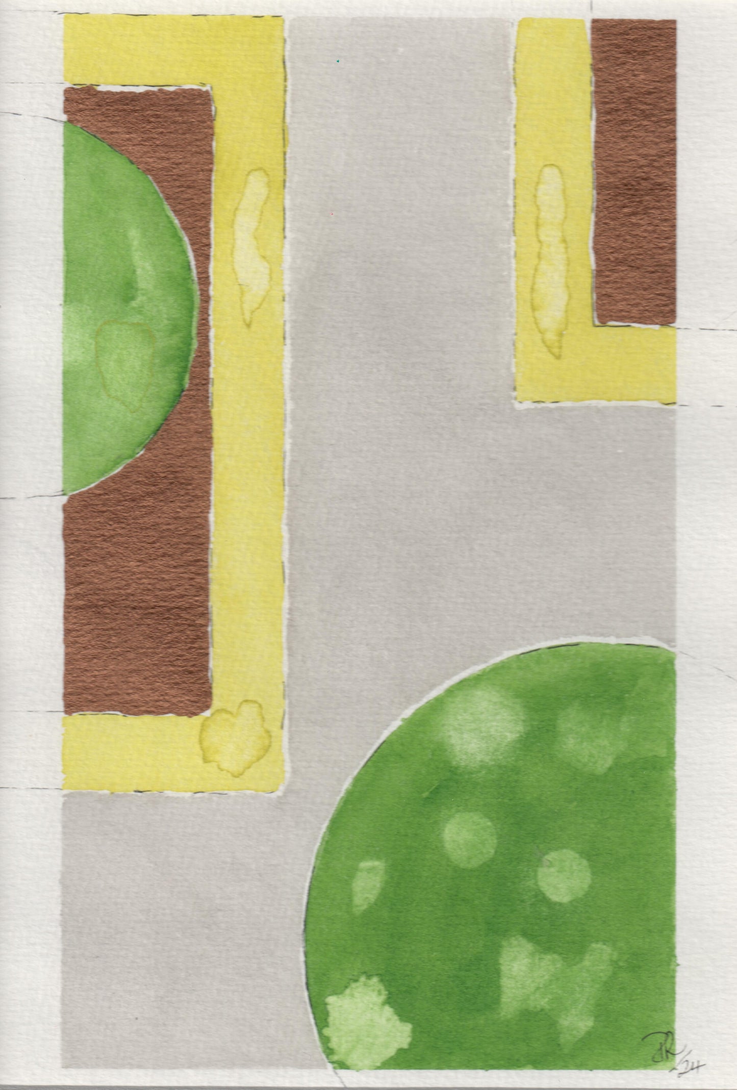Abstract art piece with green circles and brown and yellow rectangular shapes on a gray background.