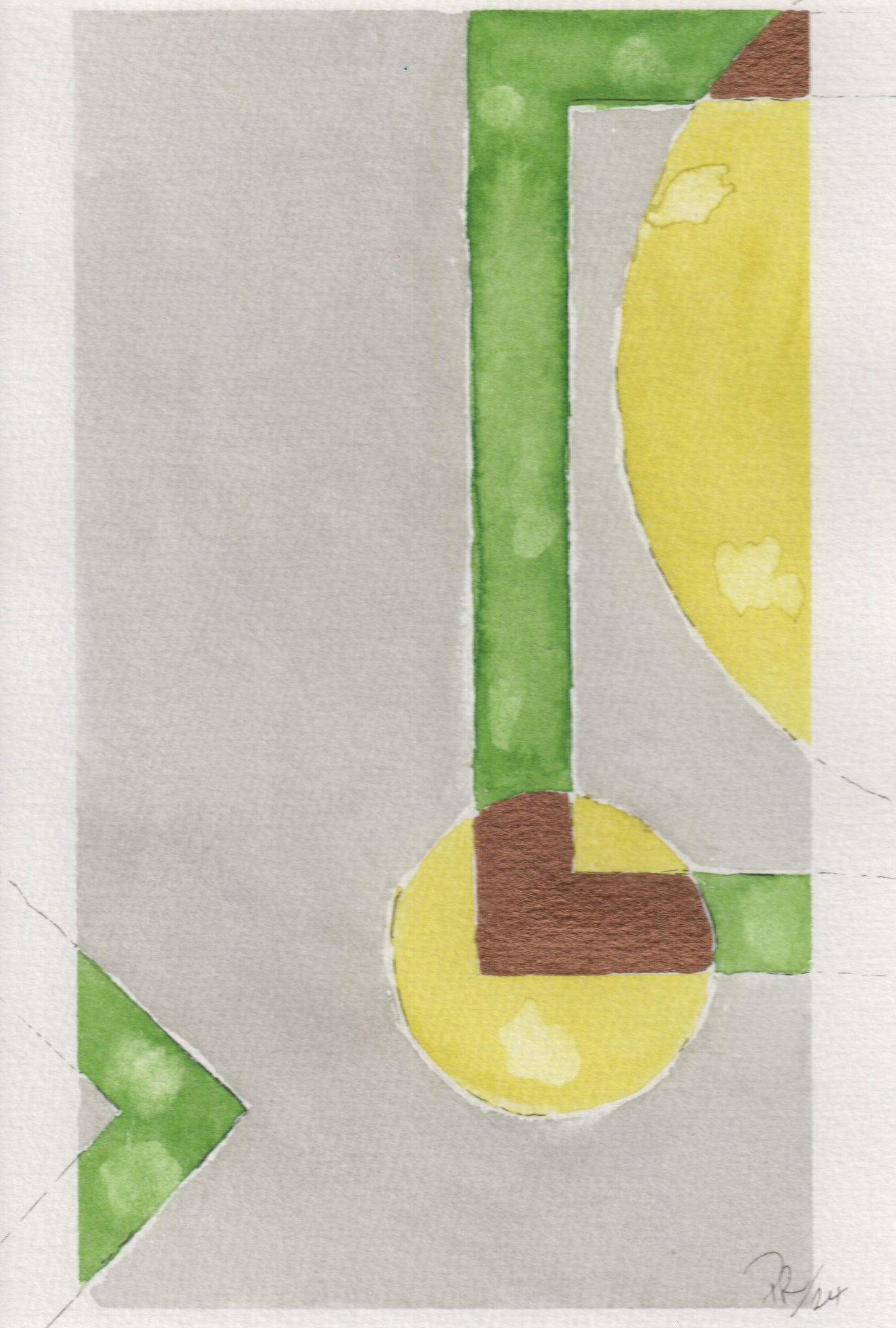 Abstract art piece geometric shapes in green, yellow, and brown colors on a gray background