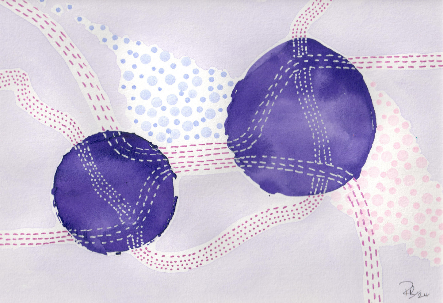 Abstract art piece with purple circles and red and blue lines on a light gray background