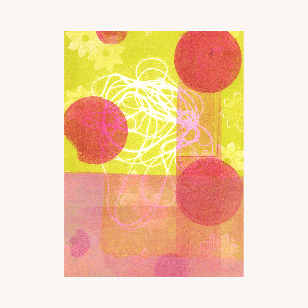 Colorful abstract design with red circles and floral elements on a yellow background