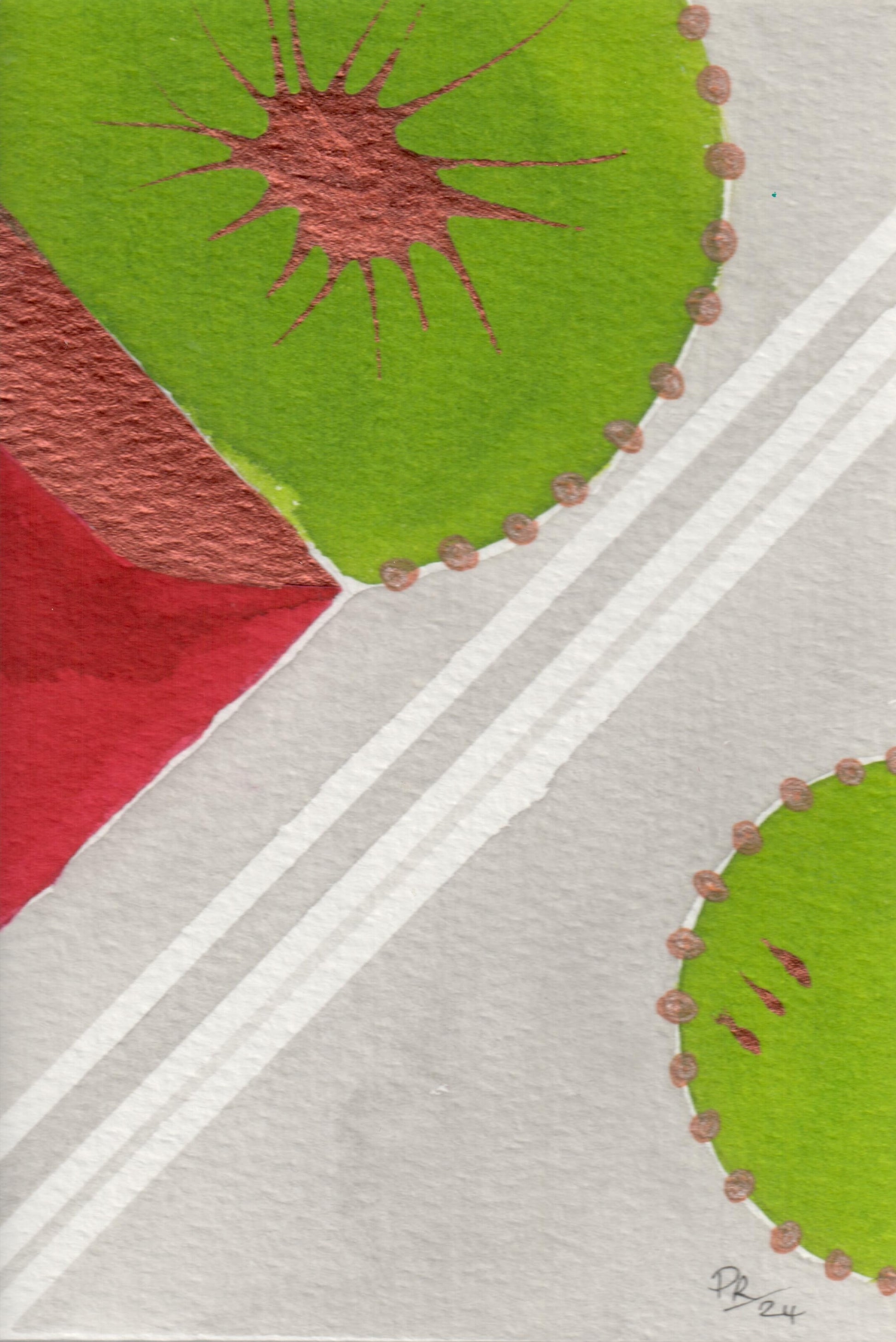 Abstract art piece with green, red, and gray geometric shapes.