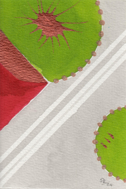 Abstract art piece with green, red, and gray geometric shapes.