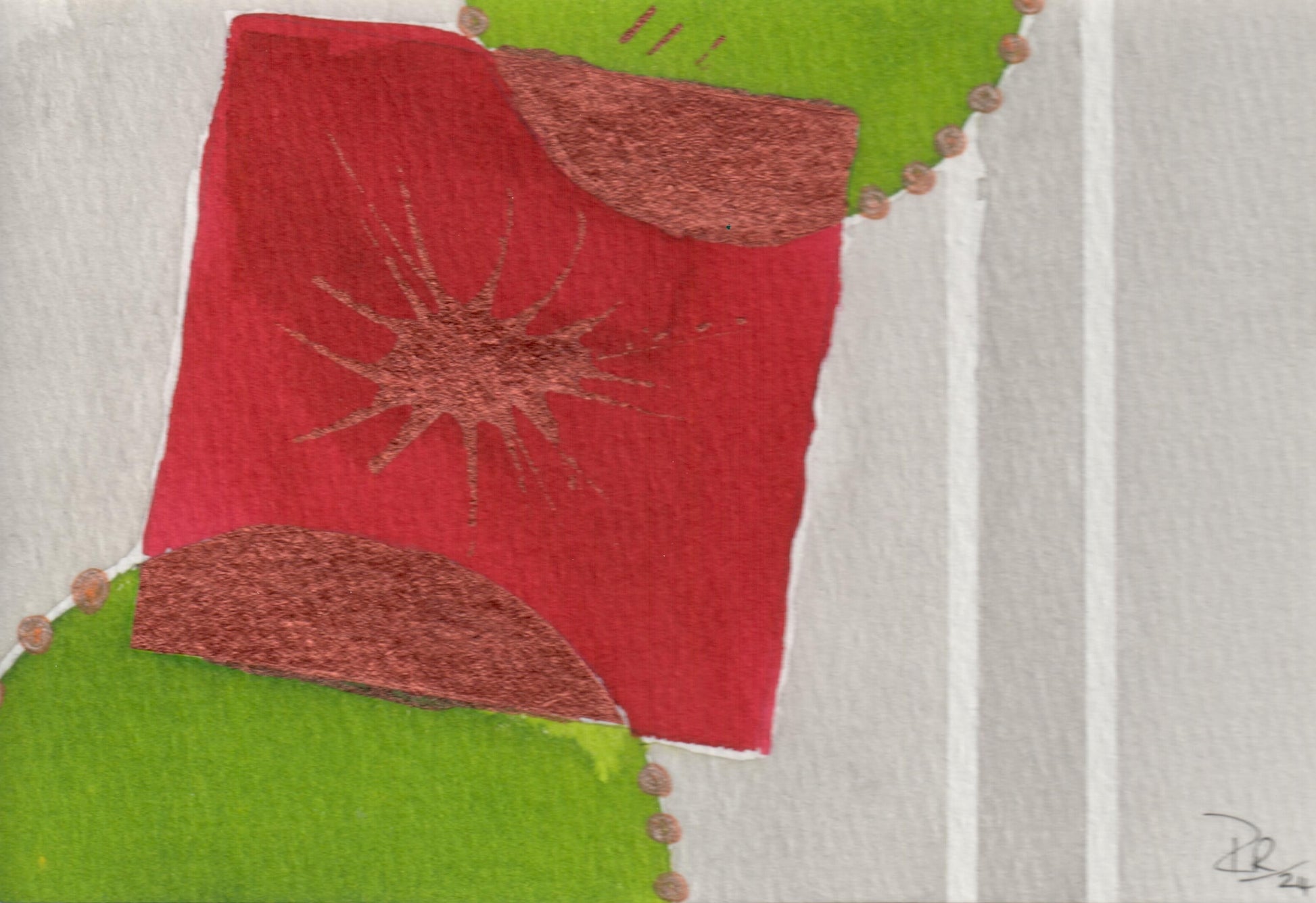 Abstract art piece with red and green shapes on a grey background