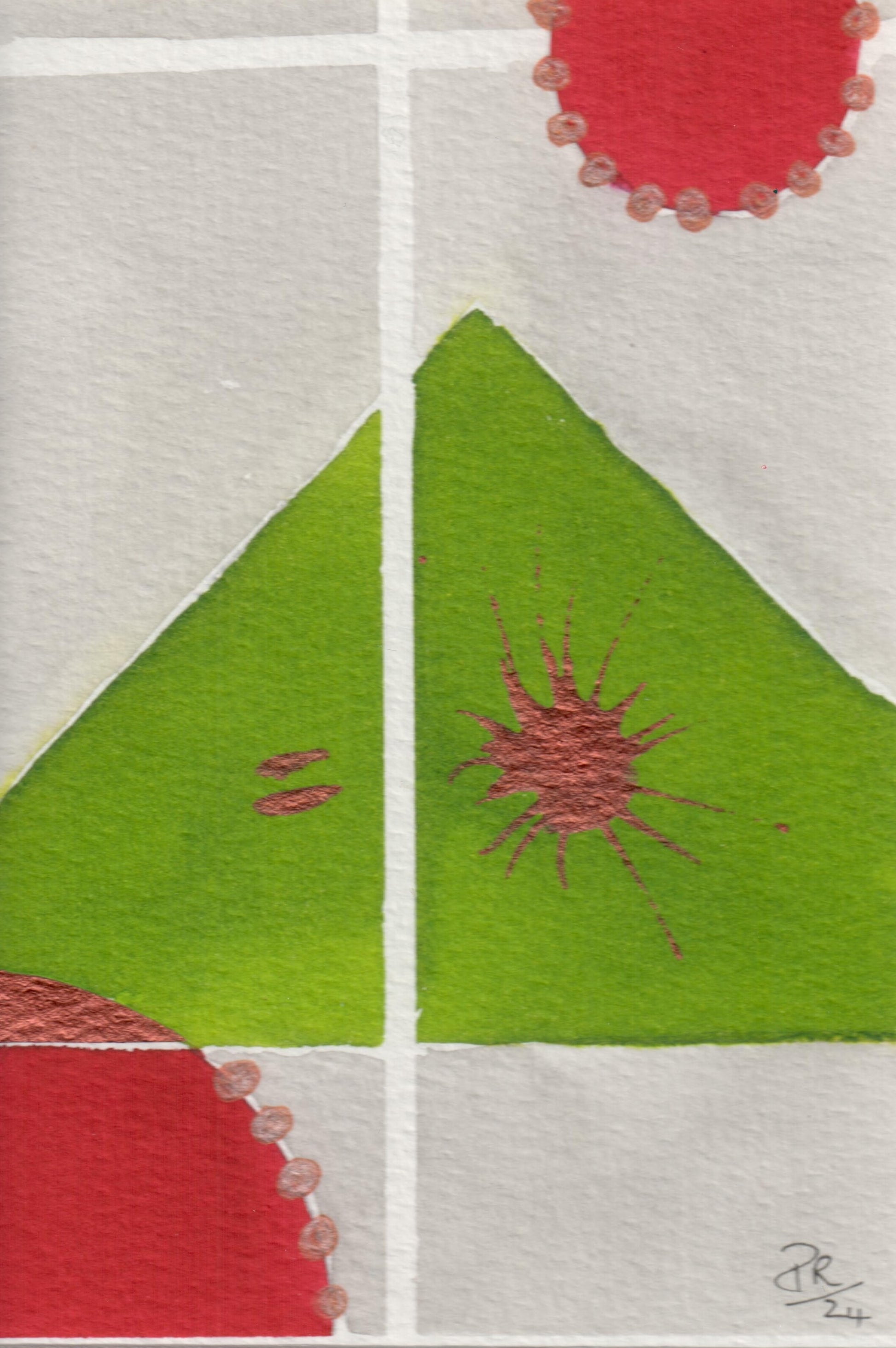 Abstract art piece with green and red shapes on a grey background