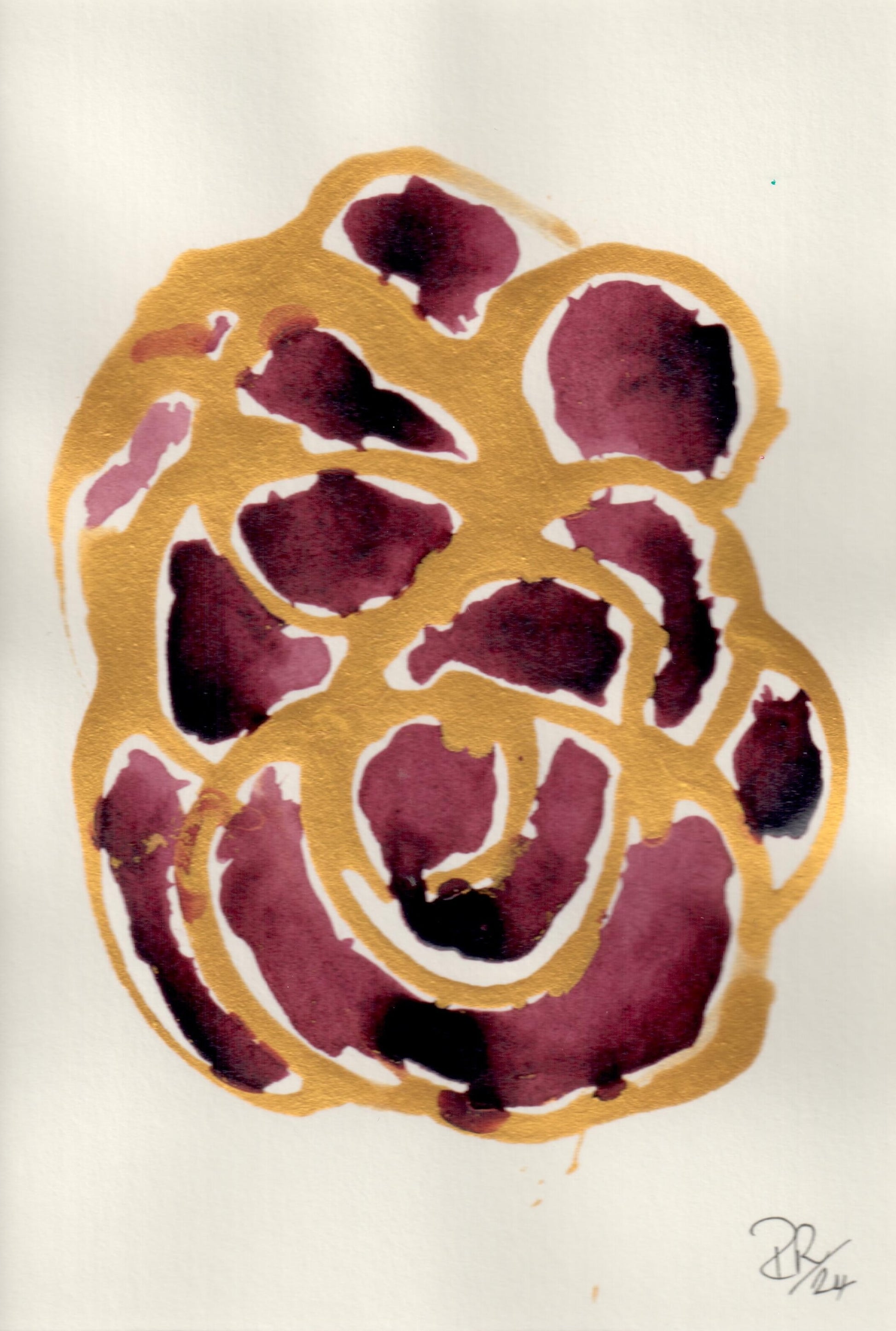 Abstract art piece with maroon and gold design on a white background