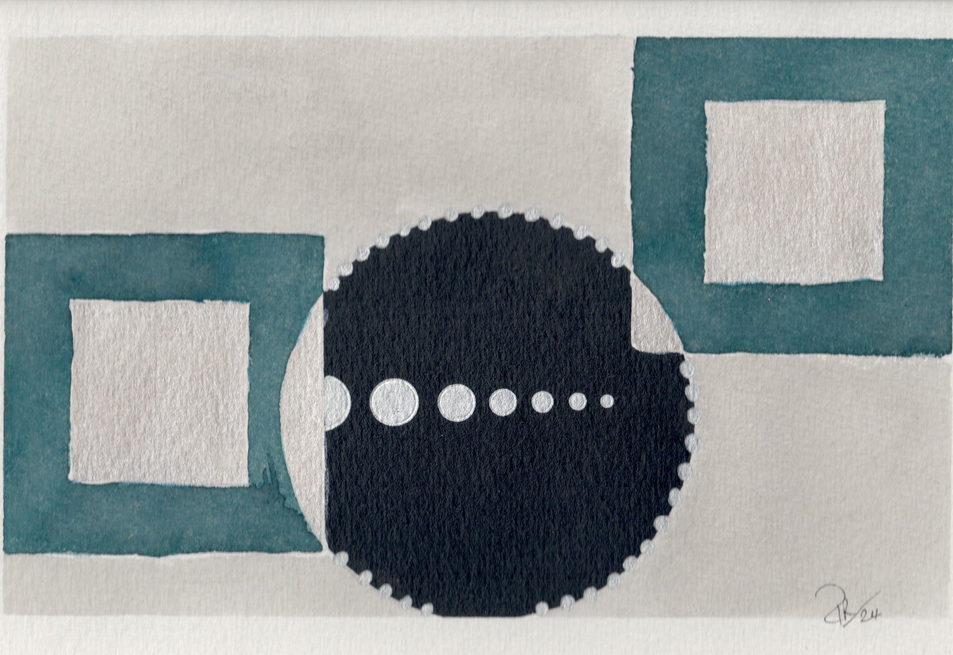 Abstract art piece with geometric shapes and a central black circle on a light gray background.