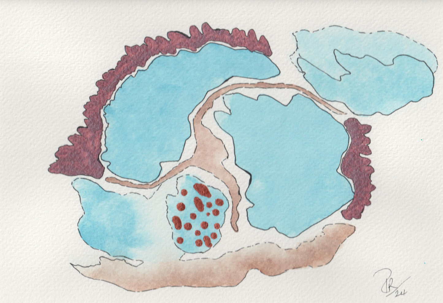 Artistic depiction of a stylized landscape with blue water, purple vegetation, and red dots on a white background.