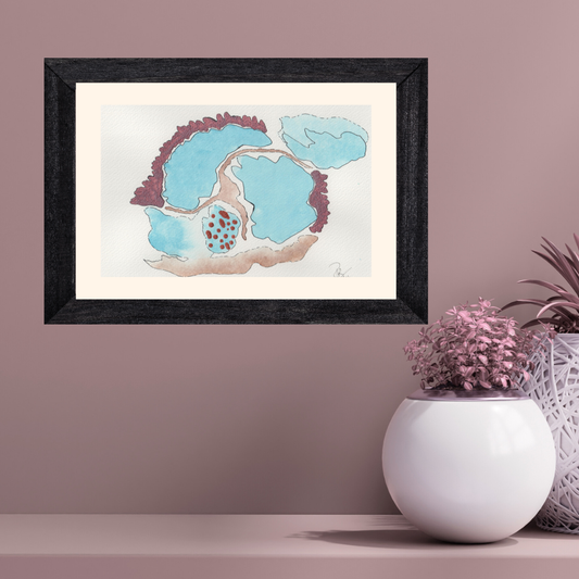 Framed artwork of a stylized landscape with watercolor textures on a wall with decorative plants.