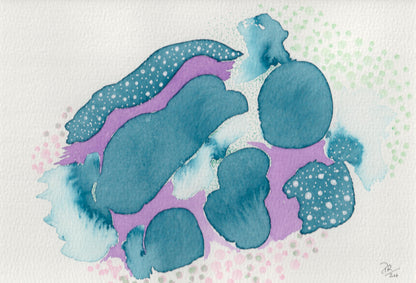 Abstract watercolor design with blue and purple shapes on a textured white background