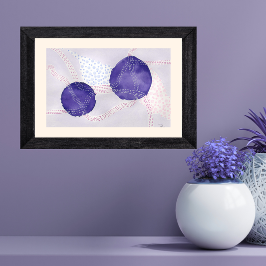 Framed artwork with purple abstract design on a purple wall, accompanied by decorative plants.