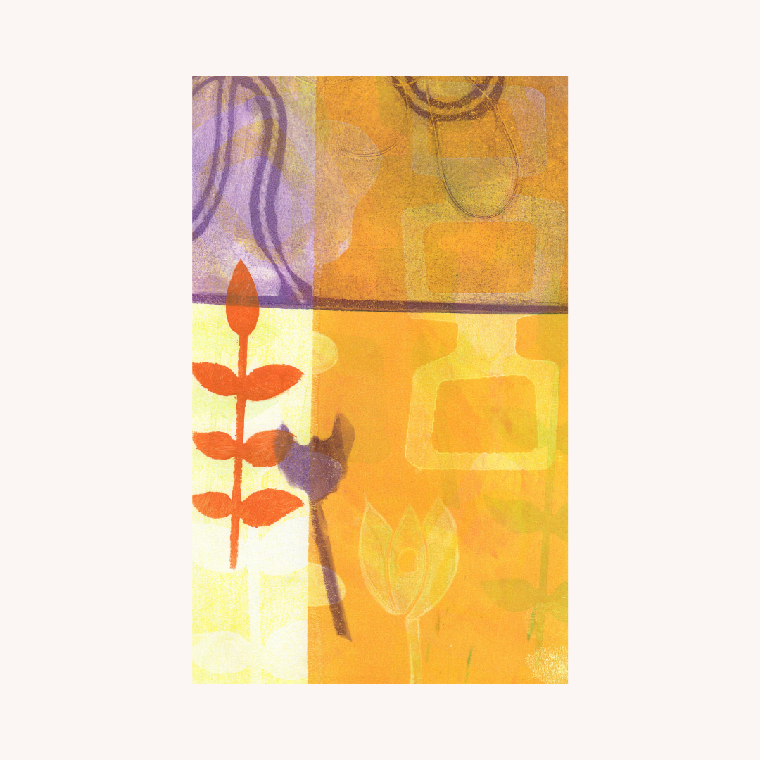 Abstract art piece with orange, purple, and yellow colors on a white background