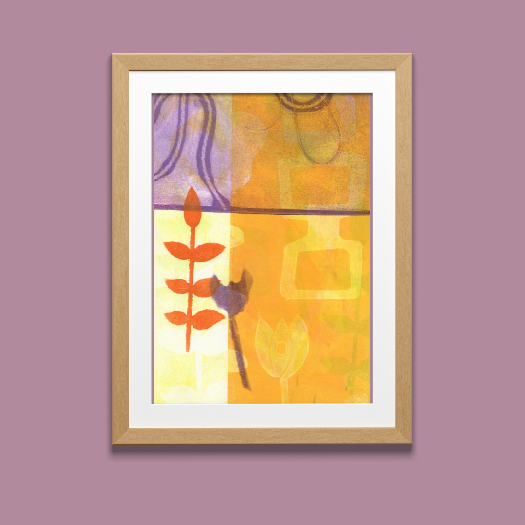 Framed abstract artwork with geometric shapes on a purple wall