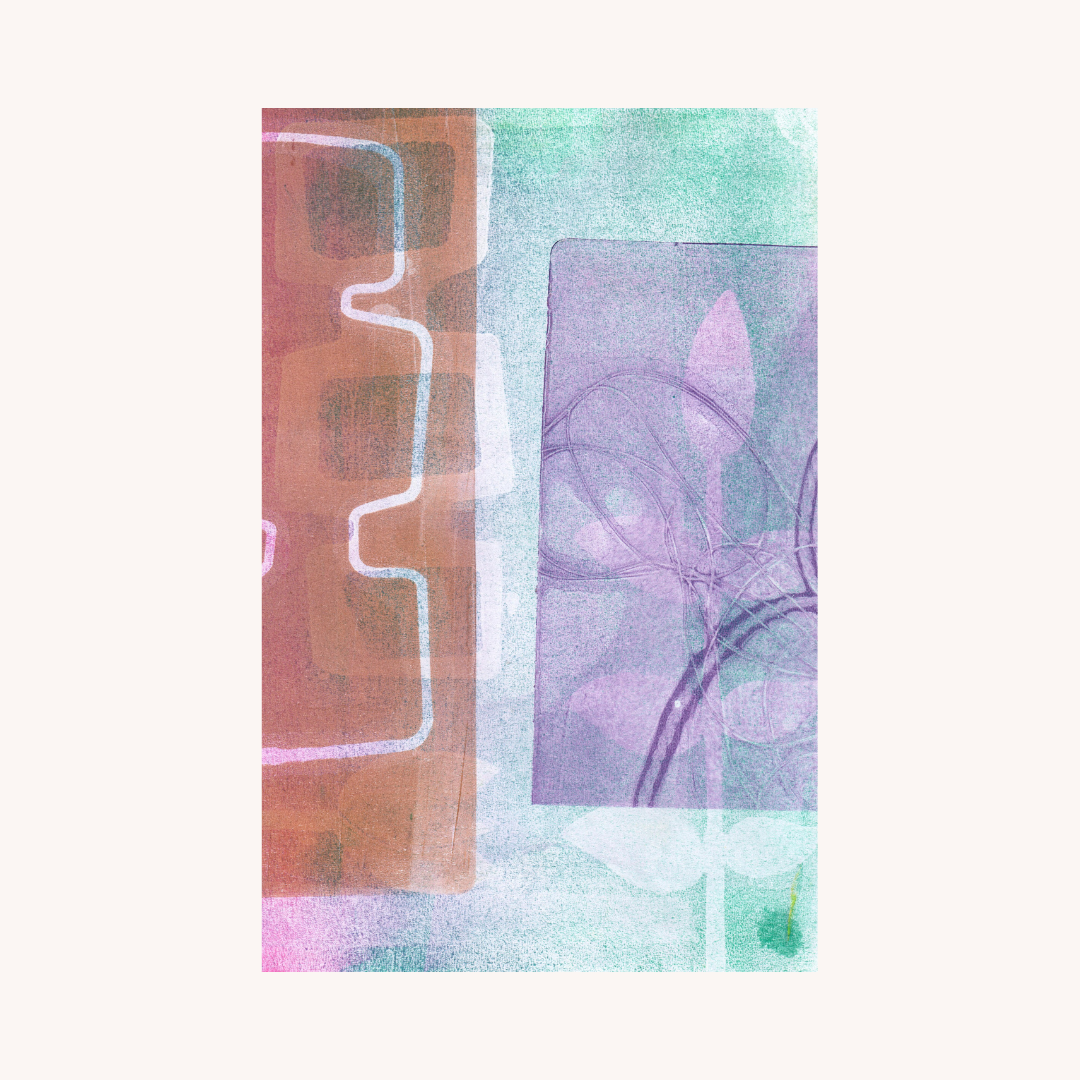 Abstract art piece with geometric shapes and floral elements on a white background
