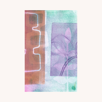 Abstract art piece with geometric shapes and floral elements on a white background