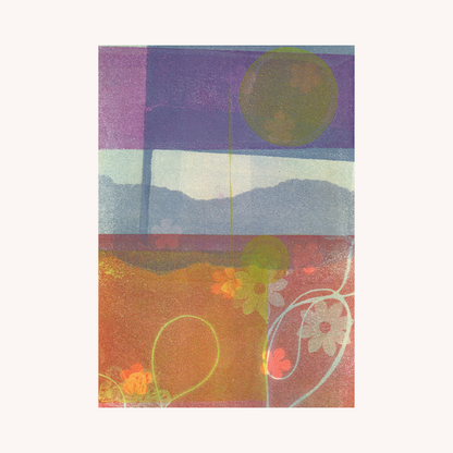 Abstract art print with geometric shapes and floral elements on a white background