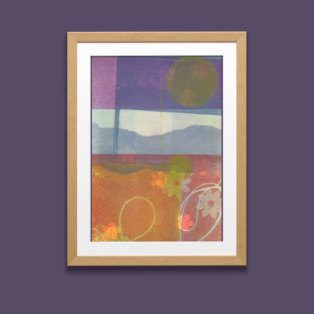 Framed abstract artwork with colorful geometric shapes on a purple background