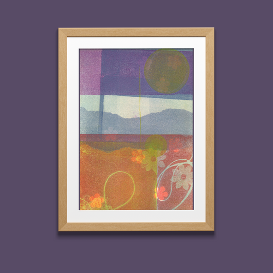 Framed abstract artwork with colorful geometric shapes on a purple background