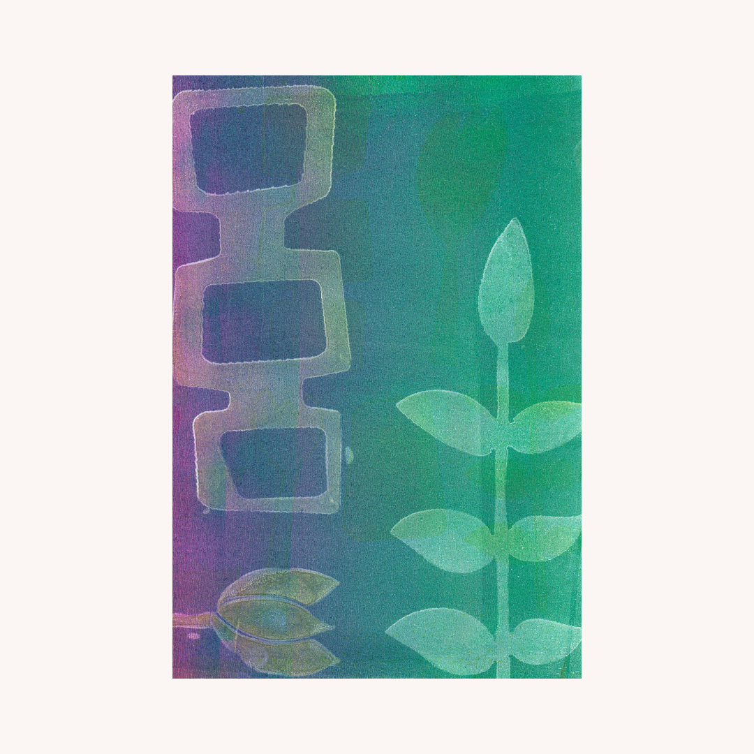 Green and purple abstract design with leaf shapes on a gradient background