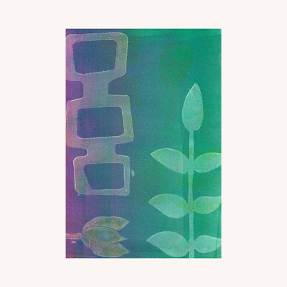 Green and purple abstract design with leaf shapes on a gradient background