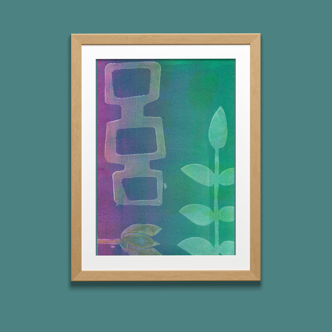 Framed abstract art print with a green and purple gradient on a teal background