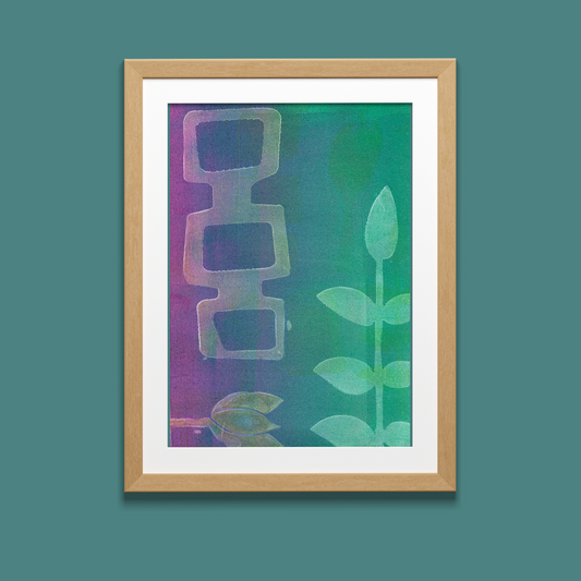 Framed abstract art print with a green and purple gradient on a teal background