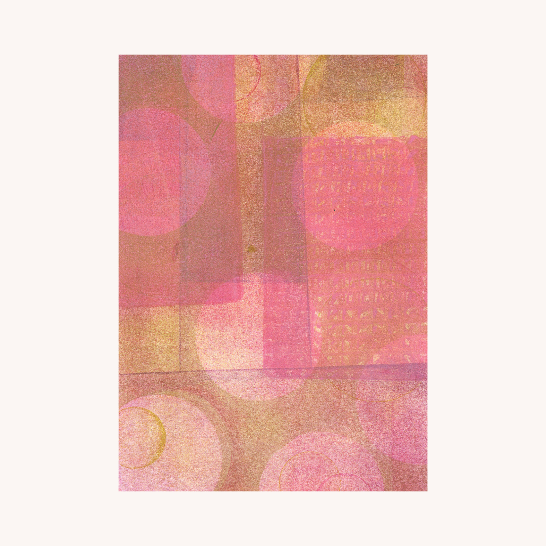 Abstract pattern with pink and gold circles on a white background