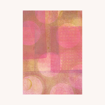 Abstract pattern with pink and gold circles on a white background